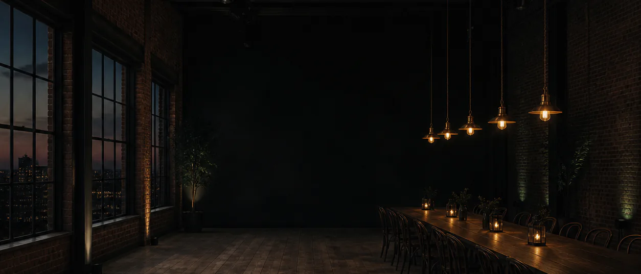 A long banqueting table set beneath warm pendant lamps in a dark hall at dusk, with tall city windows along the far wall.