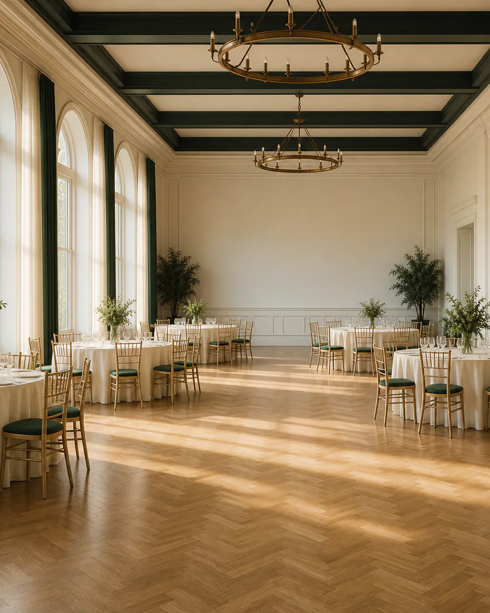 An empty function hall laid up for an event: round tables with white linen and pale wooden chairs beneath tall arched windows, with an open parquet floor in the foreground.
