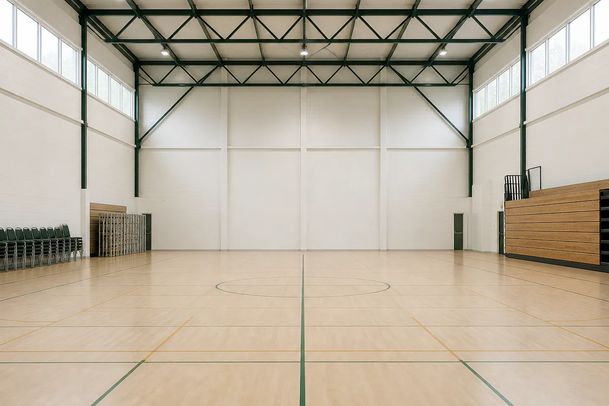 An empty community sports hall: pale timber sprung floor with painted court lines, high clerestory windows letting in even daylight, and chairs stacked tidily to one side.
